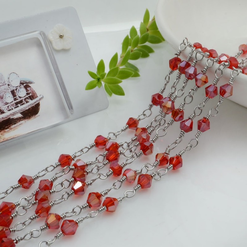Catena rosario in acciaio concatenata con cristalli BICONO colore rosso AB 4 mm 50 cm per le tue creazioni!!