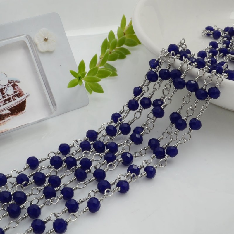 Catena rosario in acciaio concatenata con cristalli 4 mm colore blu 50 cm per le tue creazioni!!