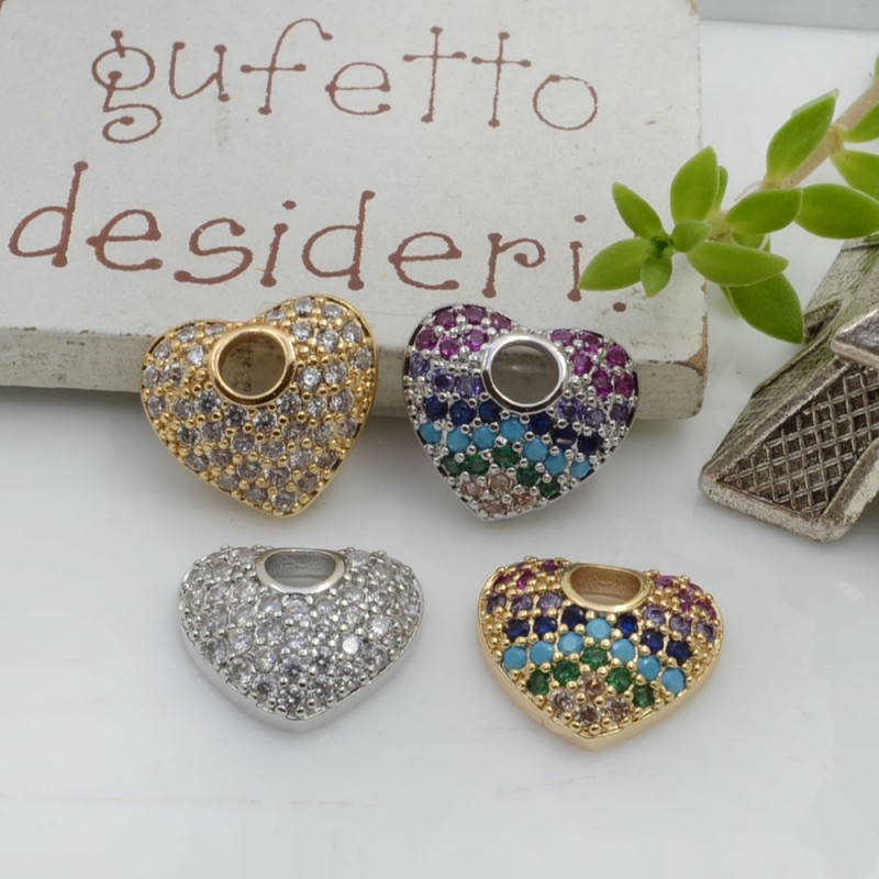 Ciondolo Cuore con Strass zirconi 13 x 12 mm 1 pz in rame per le tue creazioni!!