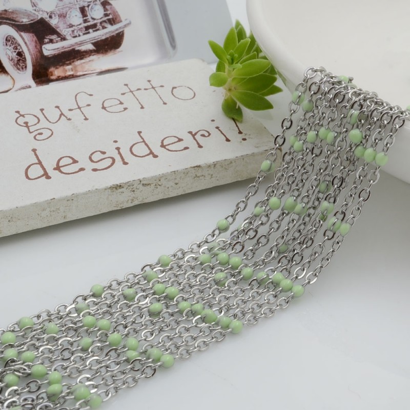 Catena in acciaio con palline smaltate colore verde chiarissimo base argento 1mt | GDO