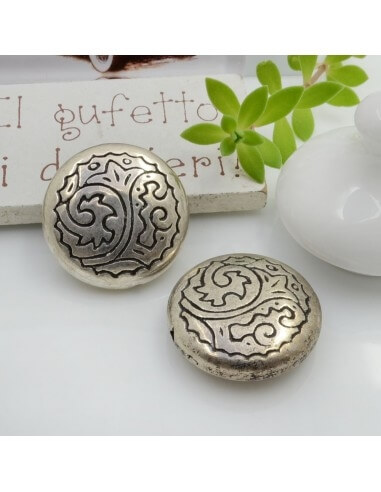 Distanziatori tondi piatti decorati in resina argento rodio 25 mm 2pz Gioie d'Oriente