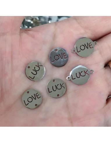 Ciondolo connettore LOVE LUCK in acciaio rodio 12 mm 1pz Gioie d'Oriente