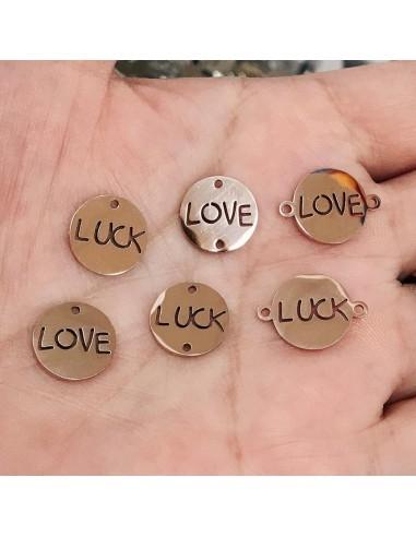 Ciondoli e Connettori con scritta LOVE/LUCK in acciaio colore oro rosa 12mm GDO
