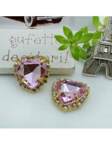 Cuore in vetro colore rosa incastonato con base oro con strass 20mm 1pz | GDO