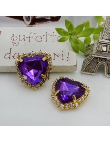 Cuore in vetro colore viola incastonato con base oro con strass 20mm 1pz | GDO