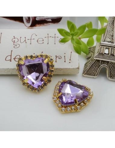 Cuore in vetro colore lilla incastonato con base oro con strass 20mm 1pz | GDO