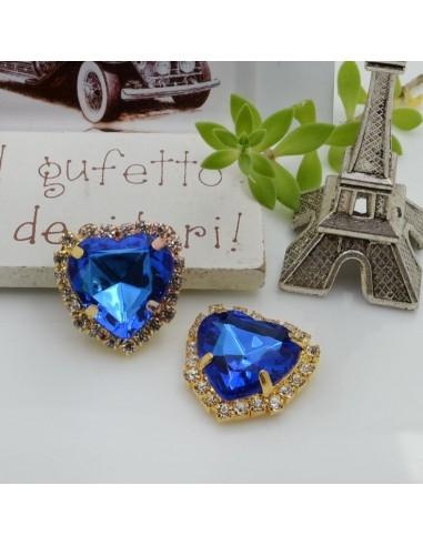 Cuore in vetro colore blu incastonato con base oro con strass 20mm 1pz | GDO