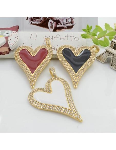 Ciondolo cuore allungato in ottone smaltato con strass zirconi 43x30mm 1pz Gioie d'Oriente