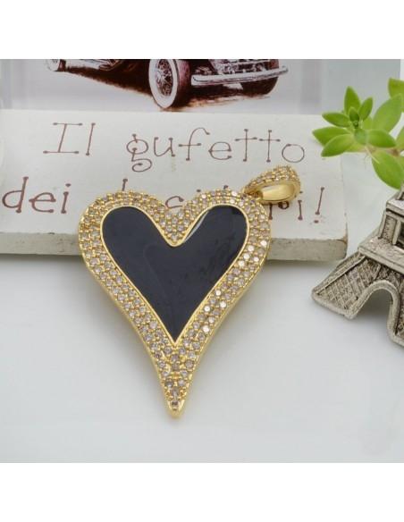 Ciondolo cuore allungato in ottone smaltato con strass zirconi 43x30mm 1pz Gioie d'Oriente
