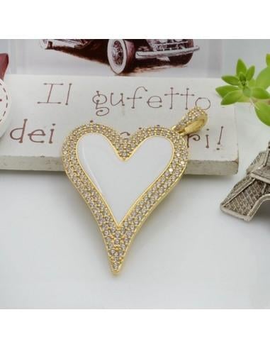 Ciondolo cuore allungato in ottone smaltato con strass zirconi 43x30mm 1pz Gioie d'Oriente