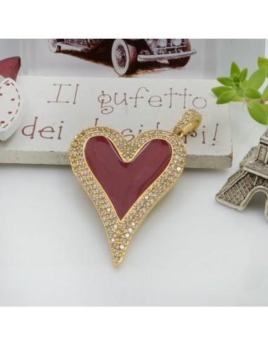 Ciondolo cuore allungato in ottone smaltato con strass zirconi 43x30mm 1pz Gioie d'Oriente