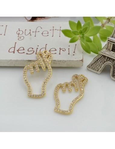 Ciondolo mano cuore in ottone con strass 27x15mm 1pz Gioie d'Oriente