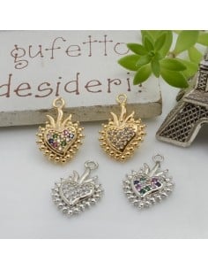 Ciondolo cuore sacro in ottone con zirconi 17 x 11 mm 1pz colori vari Gioie d'Oriente