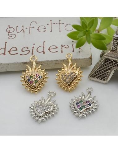 Ciondolo cuore sacro in ottone con zirconi 17 x 11 mm 1pz colori vari Gioie d'Oriente