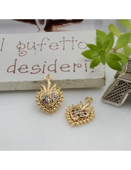 Ciondolo cuore sacro in ottone con zirconi 17 x 11 mm 1pz colori vari Gioie d'Oriente