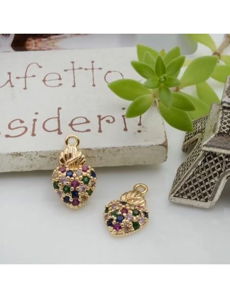 Ciondolo cuore sacro in ottone con strass zirconi 14x8mm 1pz Gioie d'Oriente