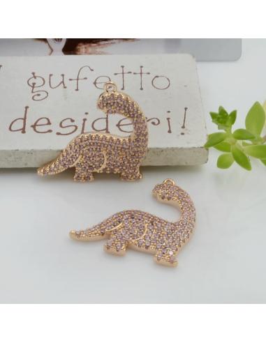 Ciondolo dinosauro ottone oro zirconi rosa 22x21mm 1pz Gioie d'Oriente