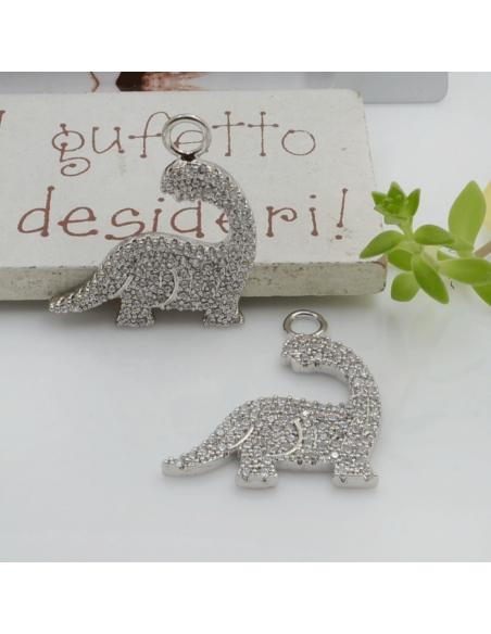 Ciondolo dinosauro ottone argento zirconi trasparenti 21x24mm 1pz Gioie d'Oriente