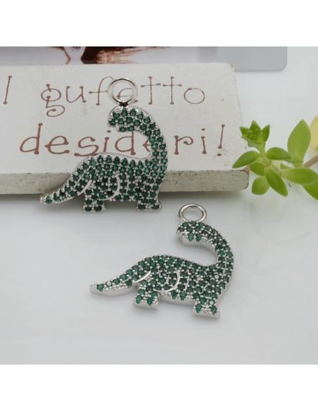 Ciondolo dinosauro ottone argento zirconi verdi 21x24mm 1pz Gioie d'Oriente
