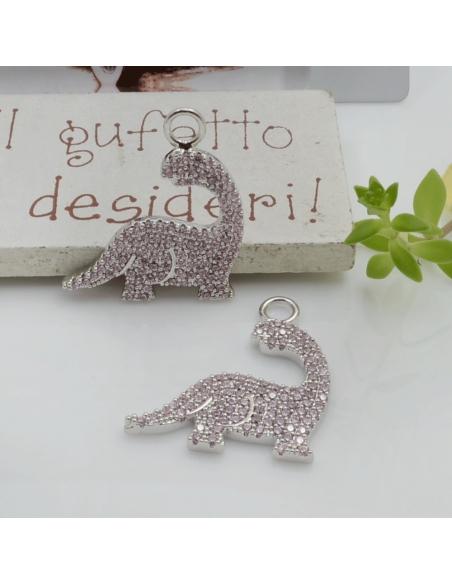 Ciondolo dinosauro ottone argento zirconi rosa chiaro 21x24mm 1pz Gioie d'Oriente