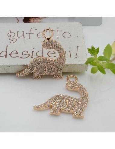 Ciondolo dinosauro ottone oro zirconi trasparenti 21x24mm 1pz Gioie d'Oriente