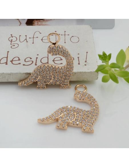 Ciondolo dinosauro ottone oro zirconi trasparenti 21x24mm 1pz Gioie d'Oriente