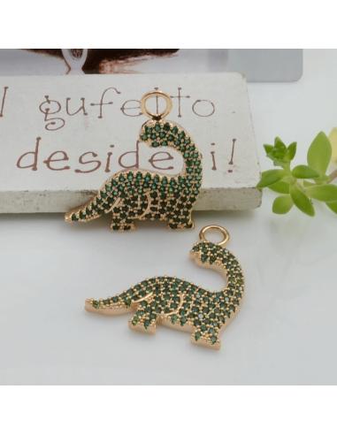 Ciondolo dinosauro ottone oro zirconi verdi 21x24mm 1pz Gioie d'Oriente