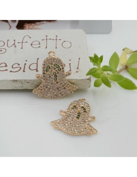 Ciondolo fantasmino ottone oro zirconi trasparenti 16x18mm 1pz Gioie d'Oriente