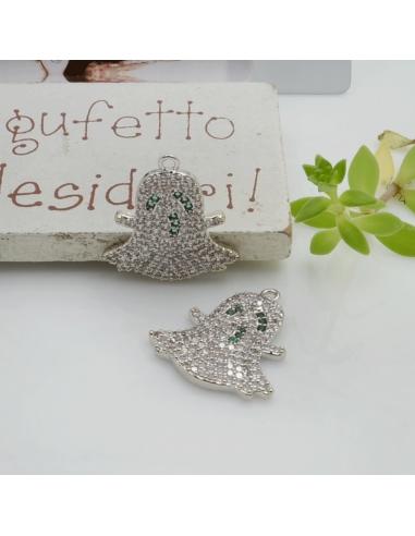 Ciondolo fantasmino ottone argento zirconi trasparenti 16x18mm 1pz Gioie d'Oriente