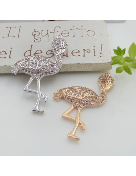 Ciondolo fenicottero in ottone con zirconi rosa 39x22mm 1pz Gioie d'Oriente