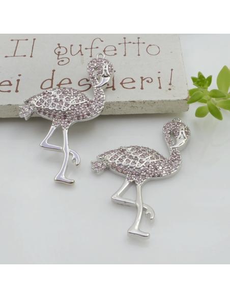 Ciondolo fenicottero in ottone con zirconi rosa 39x22mm 1pz Gioie d'Oriente