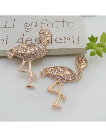Ciondolo fenicottero in ottone con zirconi rosa 39x22mm 1pz Gioie d'Oriente