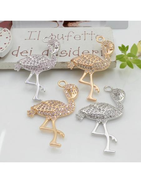 Ciondolo fenicottero in ottone con zirconi e anellina grande 39x22mm 1pz Gioie d'Oriente