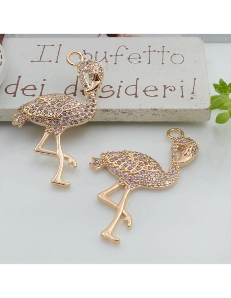 Ciondolo fenicottero in ottone con zirconi e anellina grande 39x22mm 1pz Gioie d'Oriente