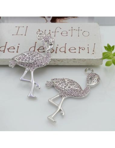 Ciondolo fenicottero in ottone con zirconi e anellina grande 39x22mm 1pz Gioie d'Oriente
