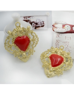Ciondolo Sacro Cuore in zama oro smaltato rosso 42x50 mm 1pz Gioie d'Oriente