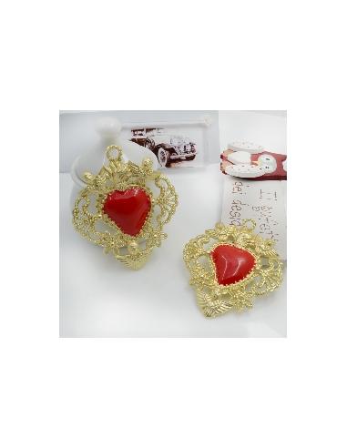 Ciondolo Sacro Cuore in zama oro smaltato rosso 42x50 mm 1pz Gioie d'Oriente