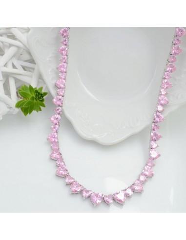 Collana Tennis con Cuori Rosa e chiusura a incastro in ottone argento 44cm | GDO