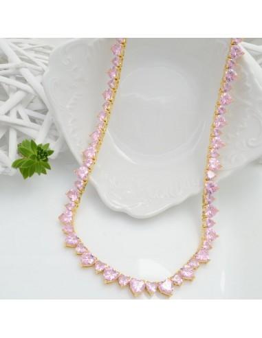 Collana Tennis con Cuori Rosa e chiusura a incastro in ottone oro 44cm | GDO
