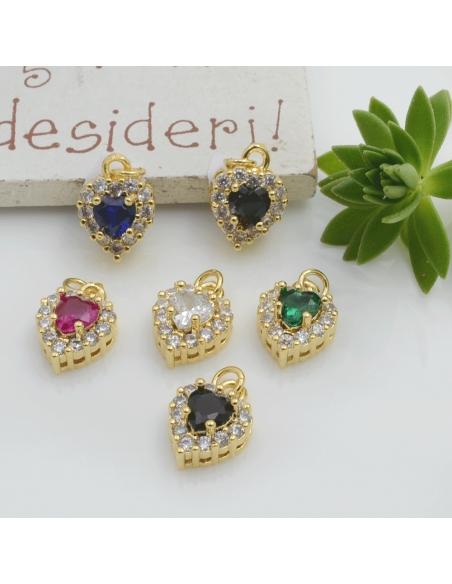 Ciondolo cuore in ottone oro con strass vari colori 13x9mm 1pz Gioie d'Oriente