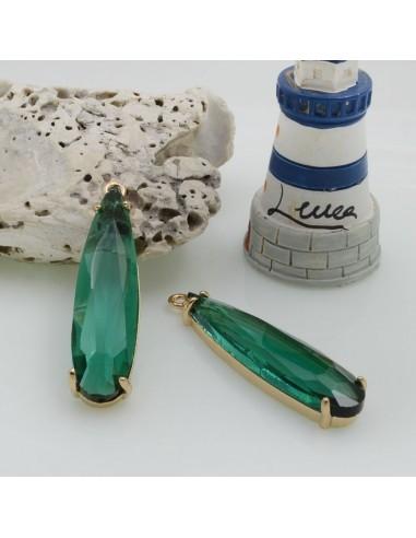 Ciondolo a goccia di Cristallo Verde smeraldo su base in ottone dorato 32x9mm 1pz | GDO