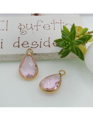 Charm di Cristalli a Forma di Gocce colore Rosa con Base Oro 18x10mm 1pz | GDO
