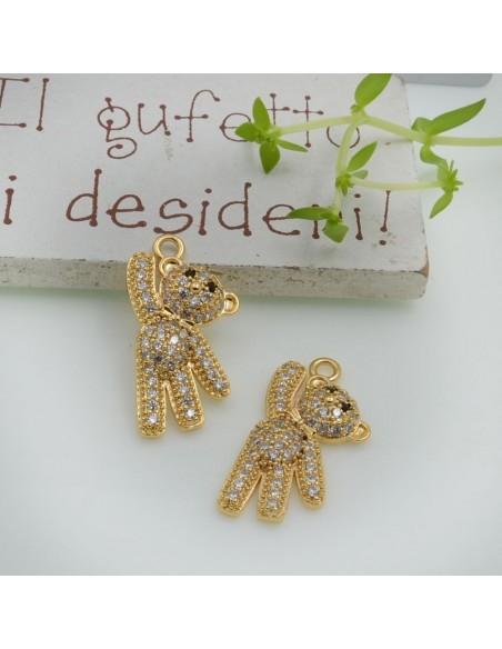 Ciondolo orsetto in ottone con zirconi 23x12mm oro 1pz Gioie d'Oriente