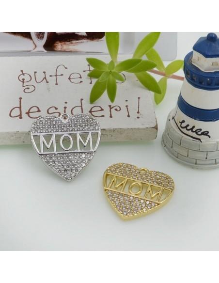 Ciondolo cuore MOM in ottone con zirconi 19mm 1pz Gioie d'Oriente