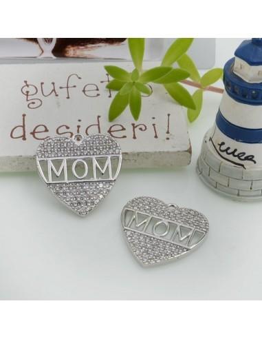 Ciondolo cuore MOM in ottone con zirconi 19mm argento 1pz Gioie d'Oriente