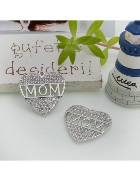 Ciondolo cuore MOM in ottone con zirconi 19mm argento 1pz Gioie d'Oriente