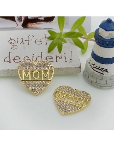 Ciondolo cuore MOM in ottone con zirconi 19mm oro 1pz Gioie d'Oriente