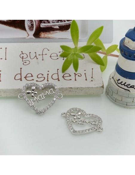 Connettore cuore Mama in ottone con strass 15x20mm argento 1pz Gioie d'Oriente