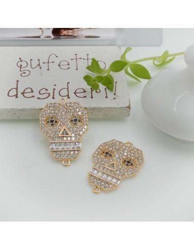 Connettore teschio in ottone oro con zirconi bianchi 15x24mm 1pz Gioie d'Oriente