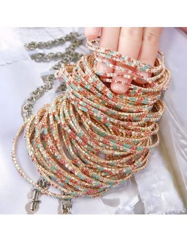 Bracciale Tennis sottile elasticizzato con strass colore tiffany rosa AB 2 mm 1 pz ottone oro chiaro